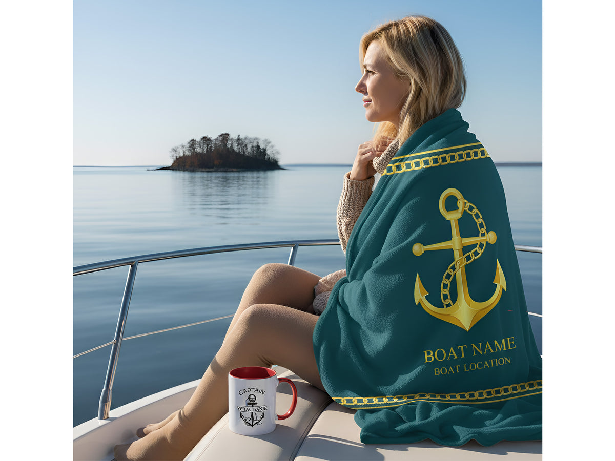 Sherpa Fleece Boat Blanket, Custom Nautical Boat Bedding, Personalized Sailing Boat Gift, Coastal Blanket