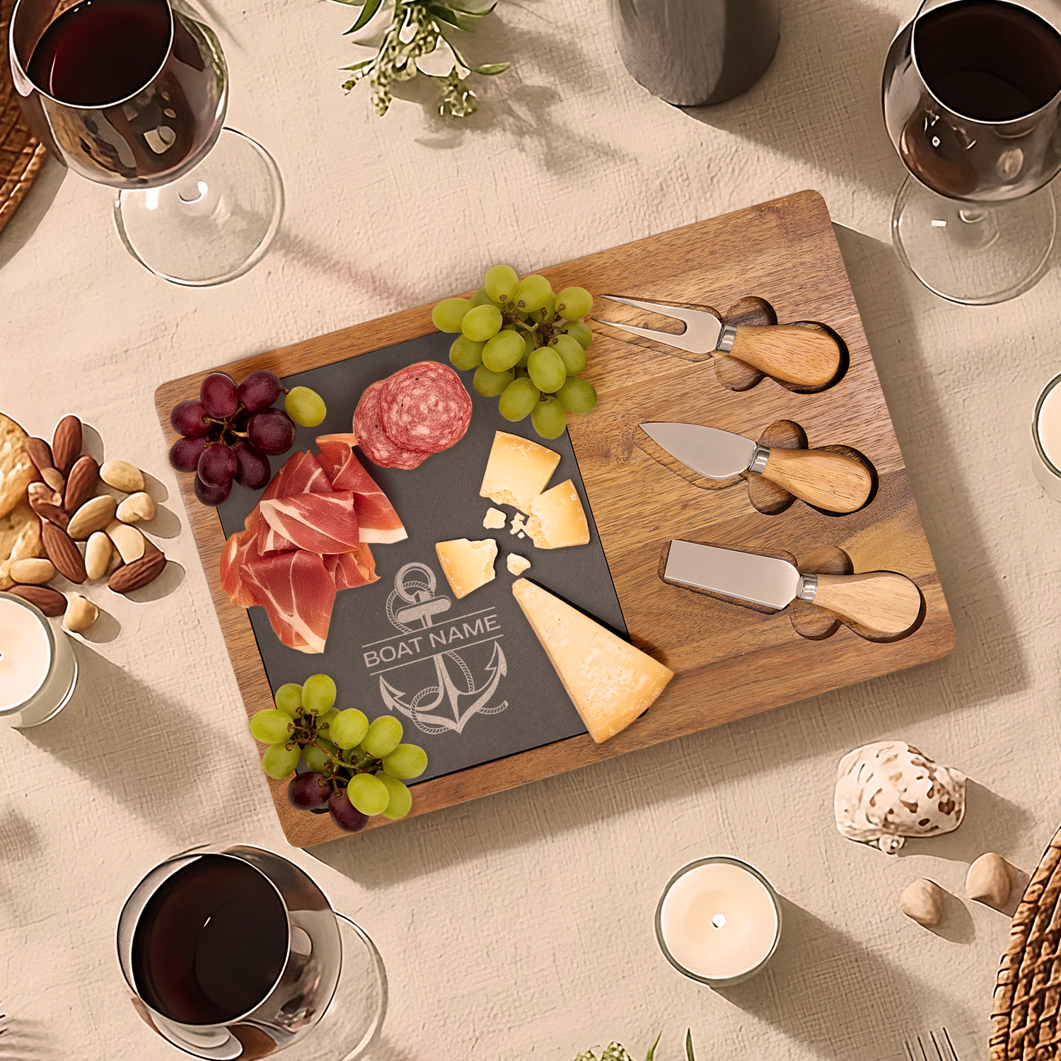 Custom Nautical Engraved Charcuterie Board, Personalized Anchor Cheese Cutting Serving Party Tray Gift