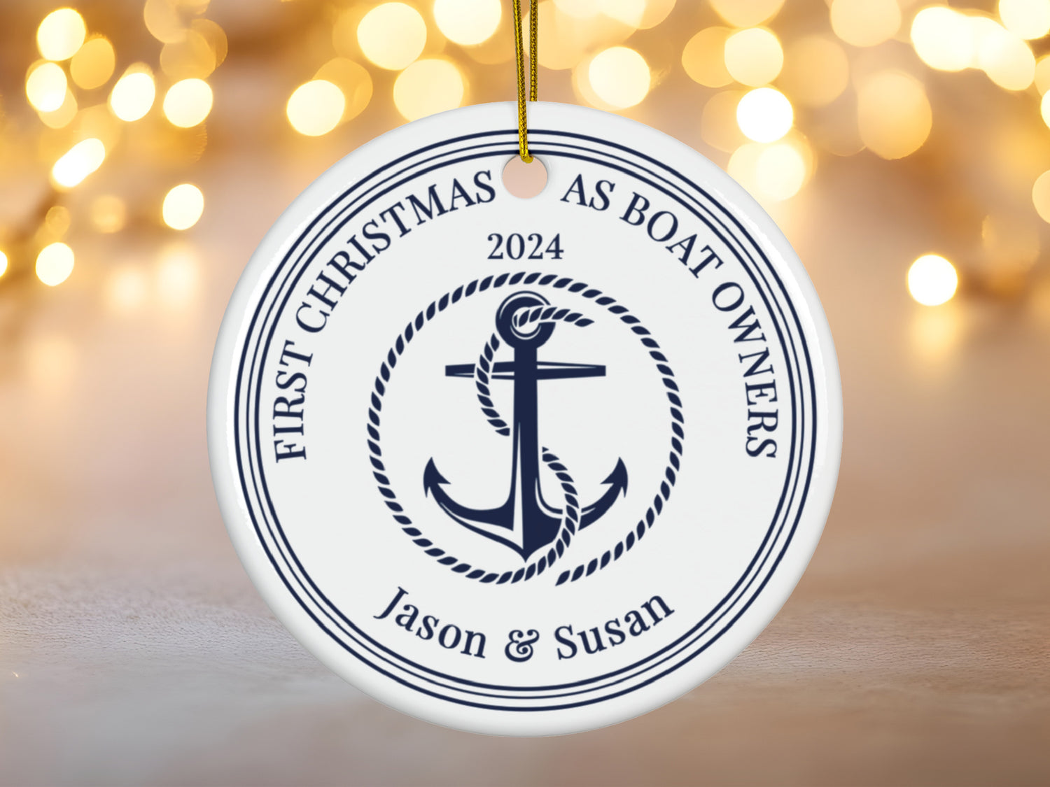 Custom Round Ceramic Boat Ornament, Personalized New Boat Owner First Christmas Gift