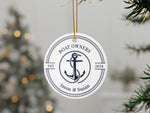 Custom Round Ceramic Boat Ornament, Personalized New Boat Owner First Christmas Gift