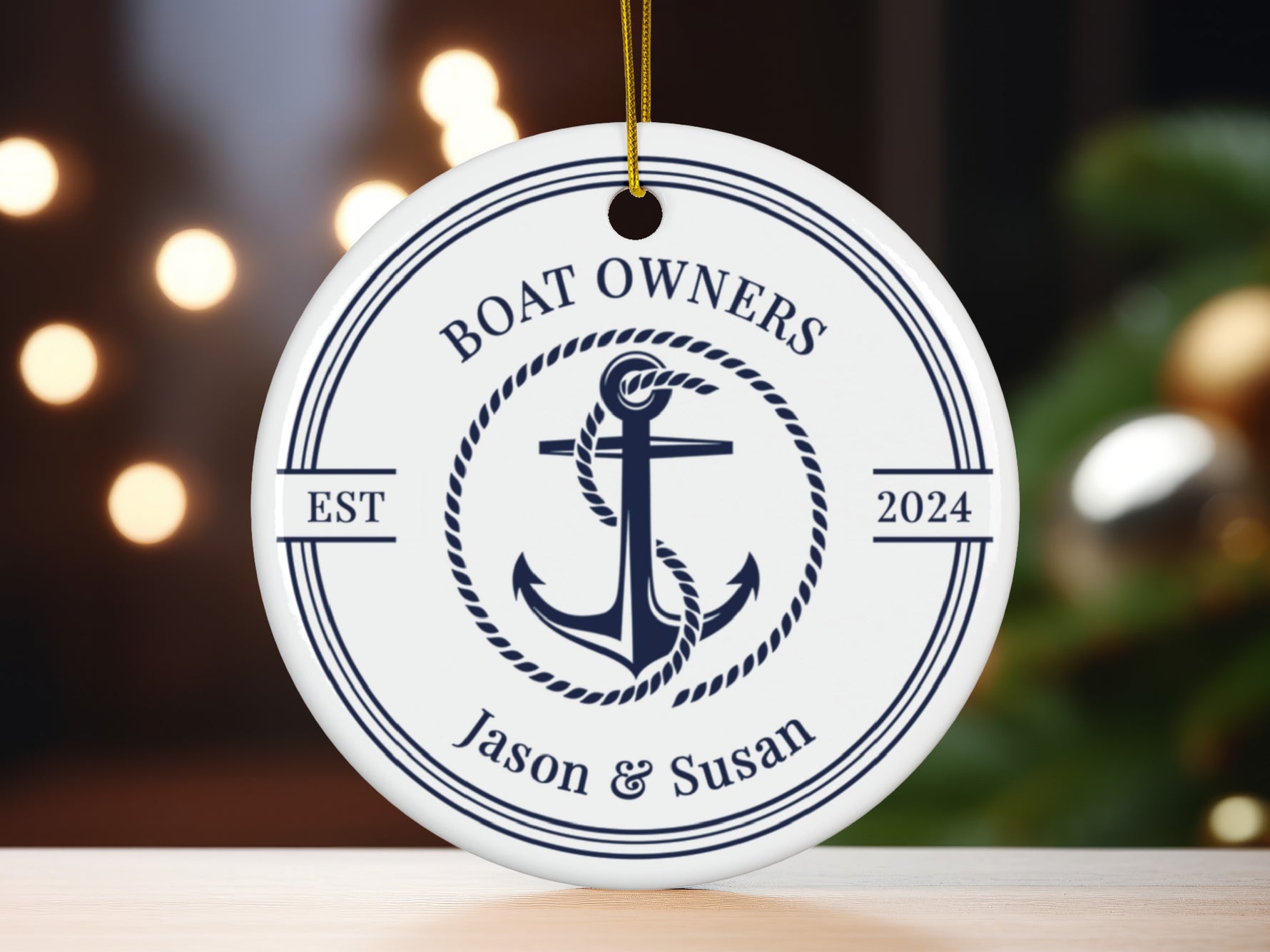 Custom Round Ceramic Boat Ornament, Personalized New Boat Owner First Christmas Gift