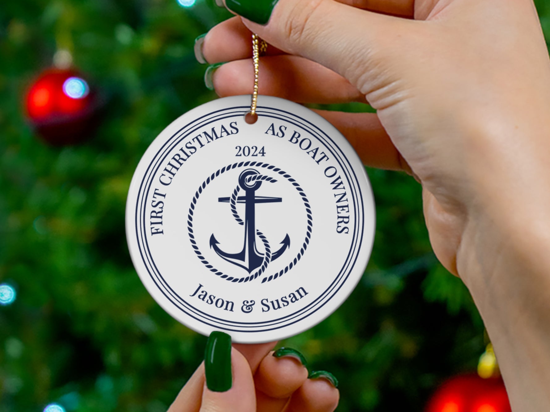 Custom Round Ceramic Boat Ornament, Personalized New Boat Owner First Christmas Gift
