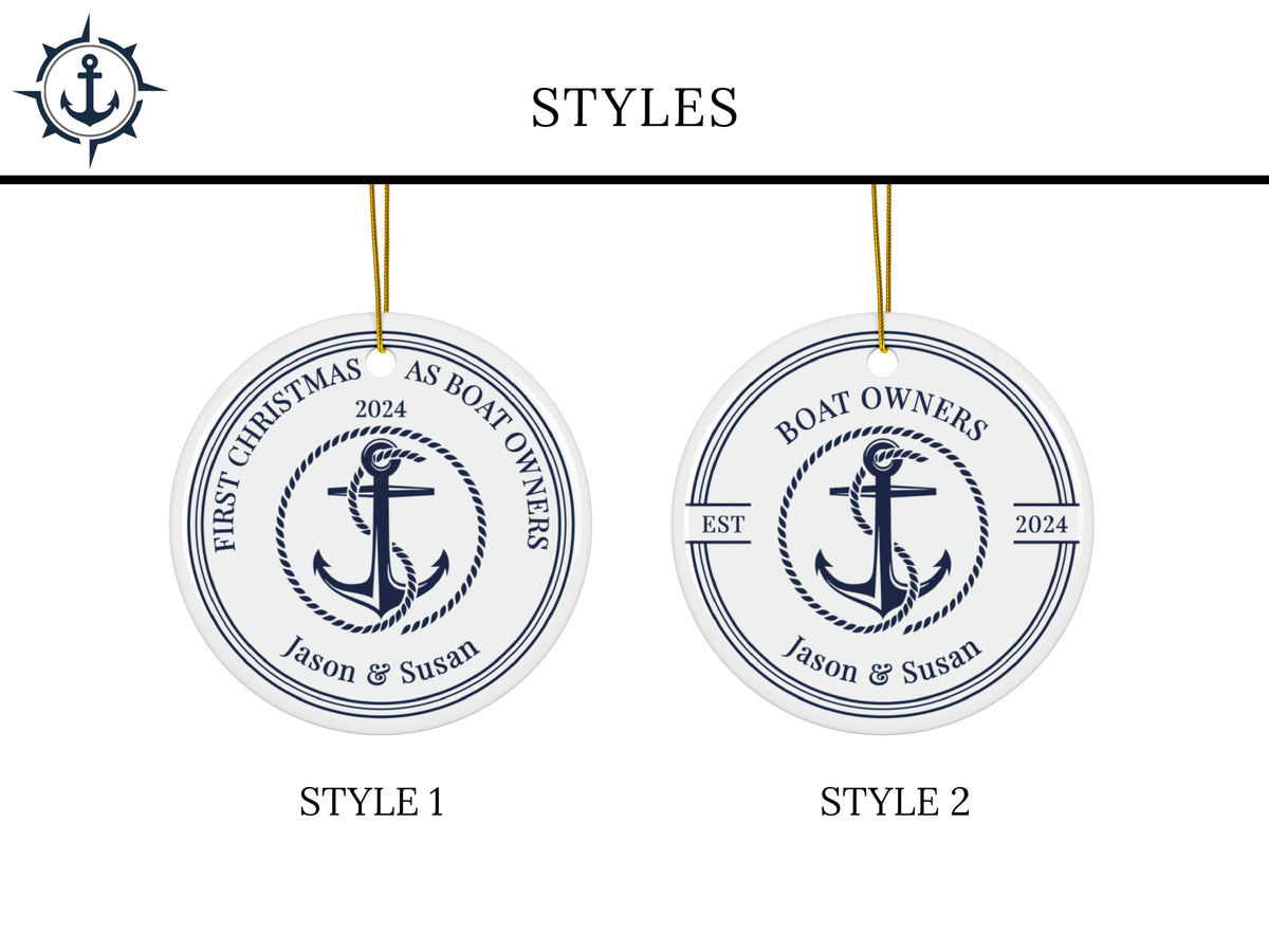 Custom Round Ceramic Boat Ornament, Personalized New Boat Owner First Christmas Gift