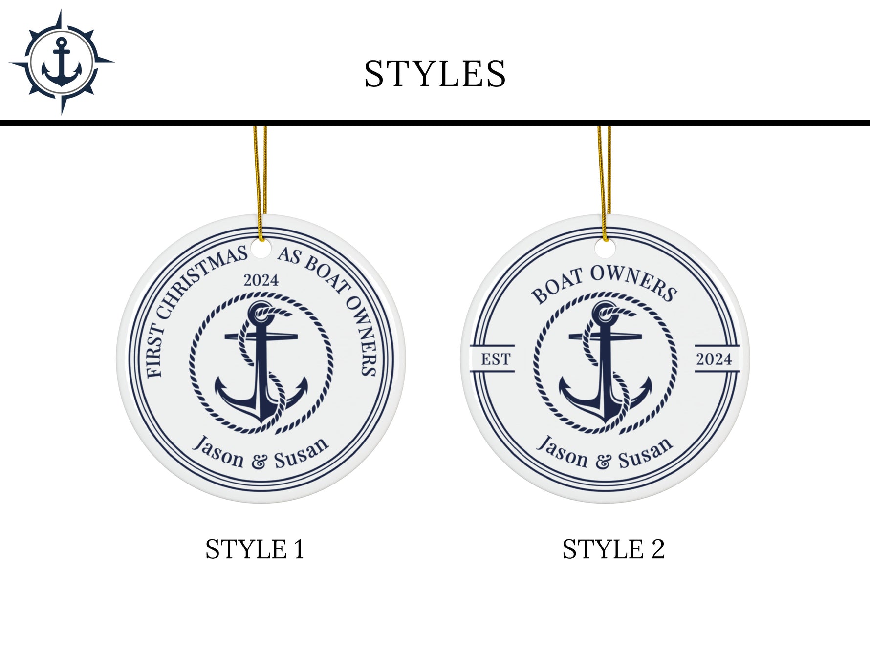 Custom Round Ceramic Boat Ornament, Personalized New Boat Owner First Christmas Gift