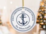 Custom Round Ceramic Boat Ornament, Personalized New Boat Owner First Christmas Gift