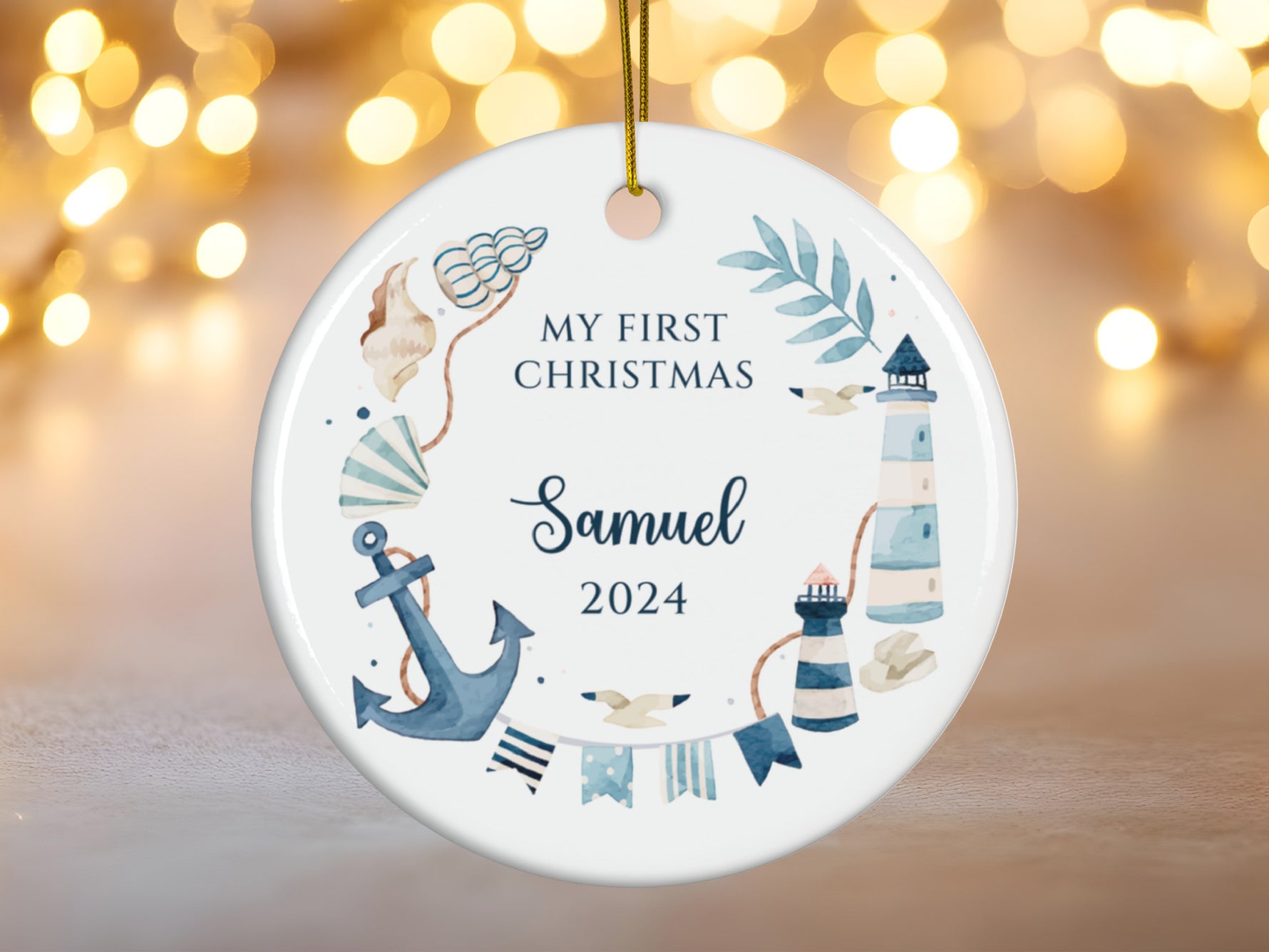 Custom Nautical Baby First Christmas Ornament, Personalized Baby Boy Keepsake