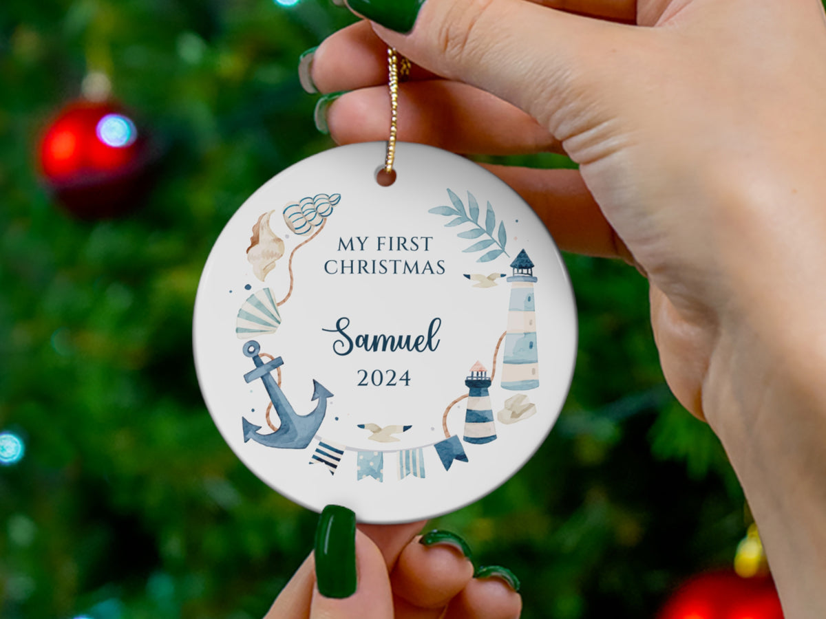 Custom Nautical Baby First Christmas Ornament, Personalized Baby Boy Keepsake