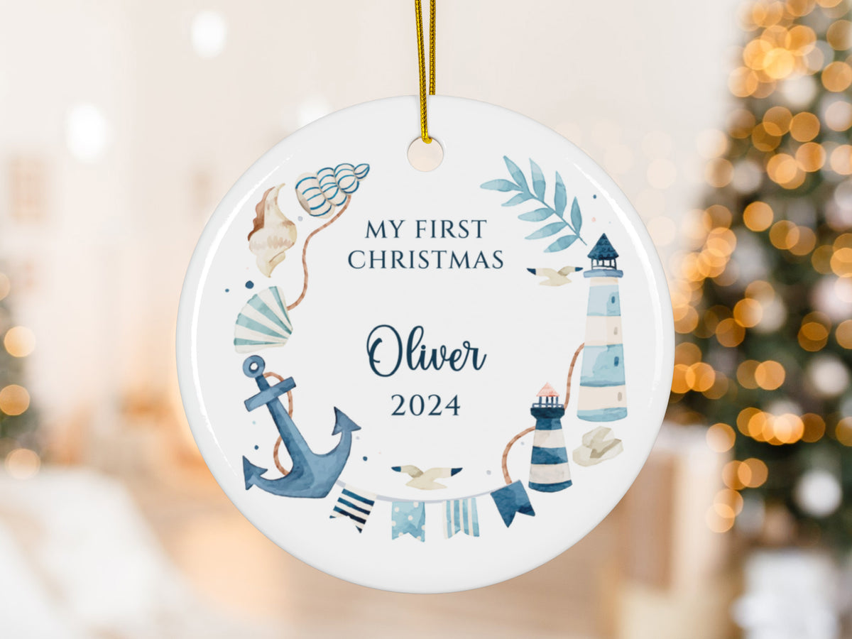 Custom Nautical Baby First Christmas Ornament, Personalized Baby Boy Keepsake