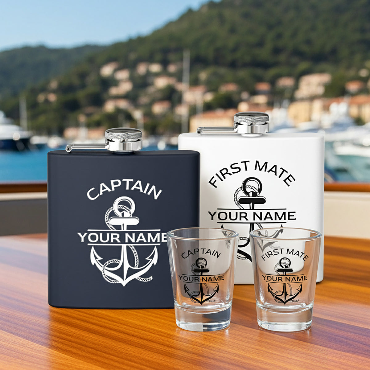 Custom Nautical Steel Flask, Coastal Wedding Groomsmen Whiskey Flask Gift