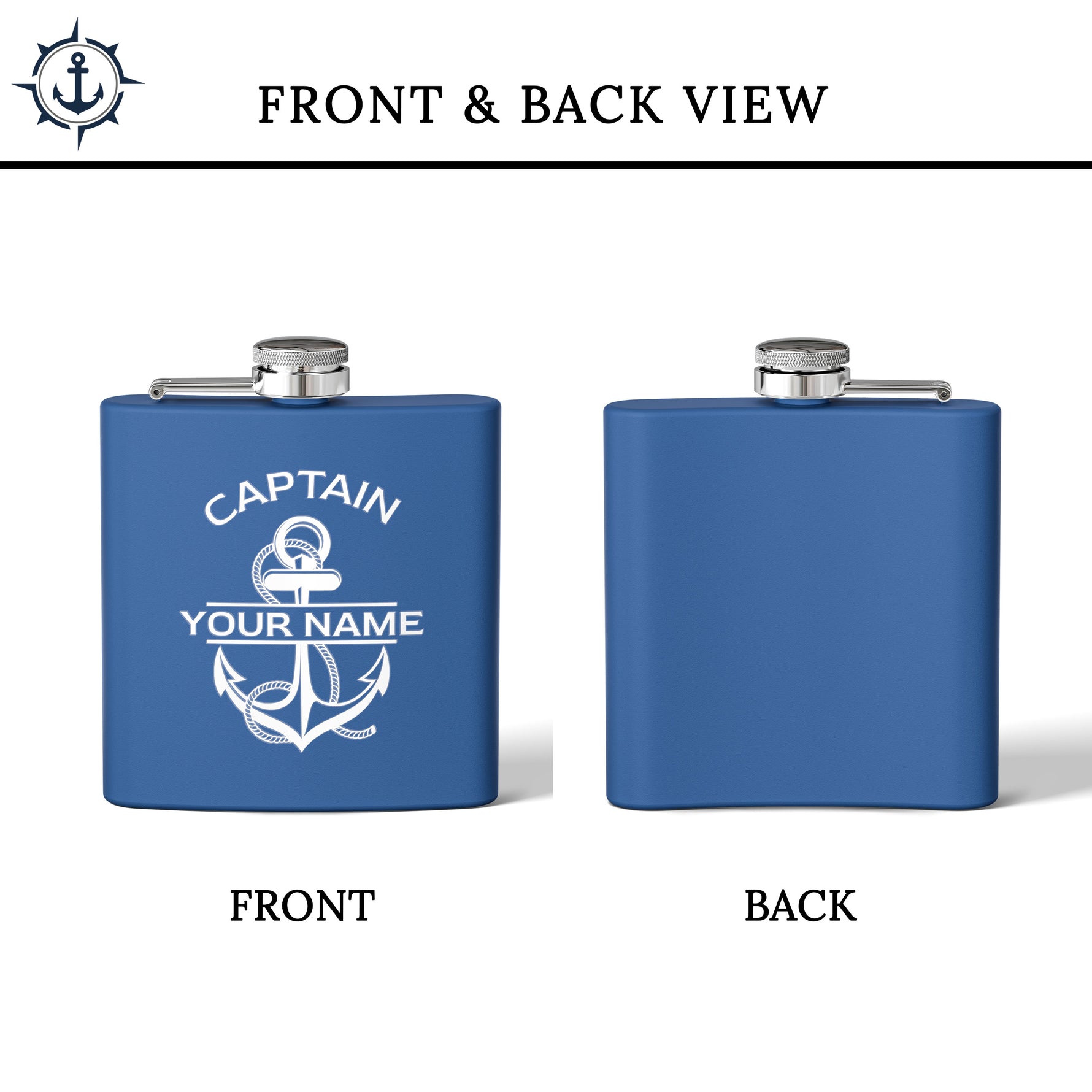 Custom Nautical Steel Flask, Coastal Wedding Groomsmen Whiskey Flask Gift
