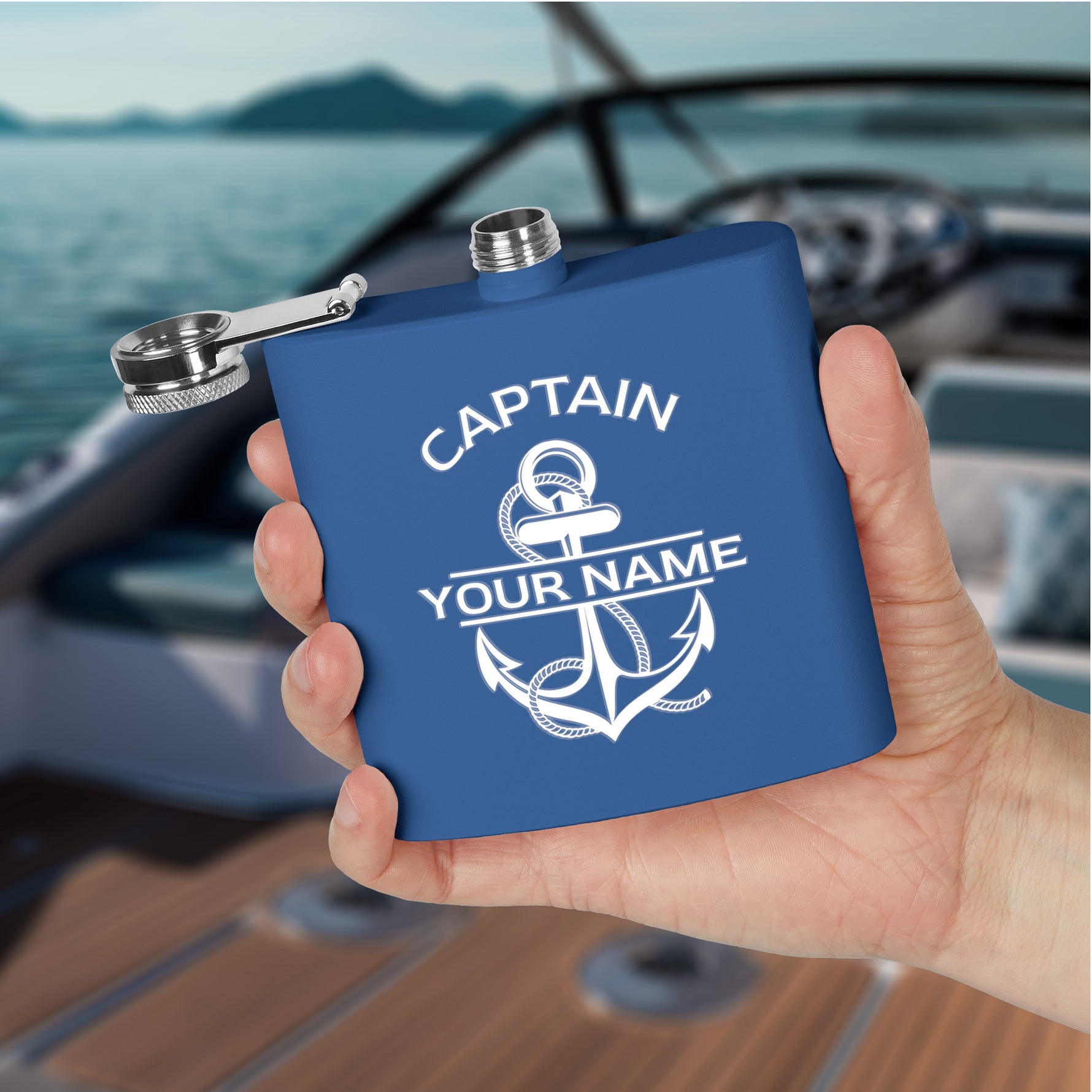 Custom Nautical Steel Flask, Coastal Wedding Groomsmen Whiskey Flask Gift
