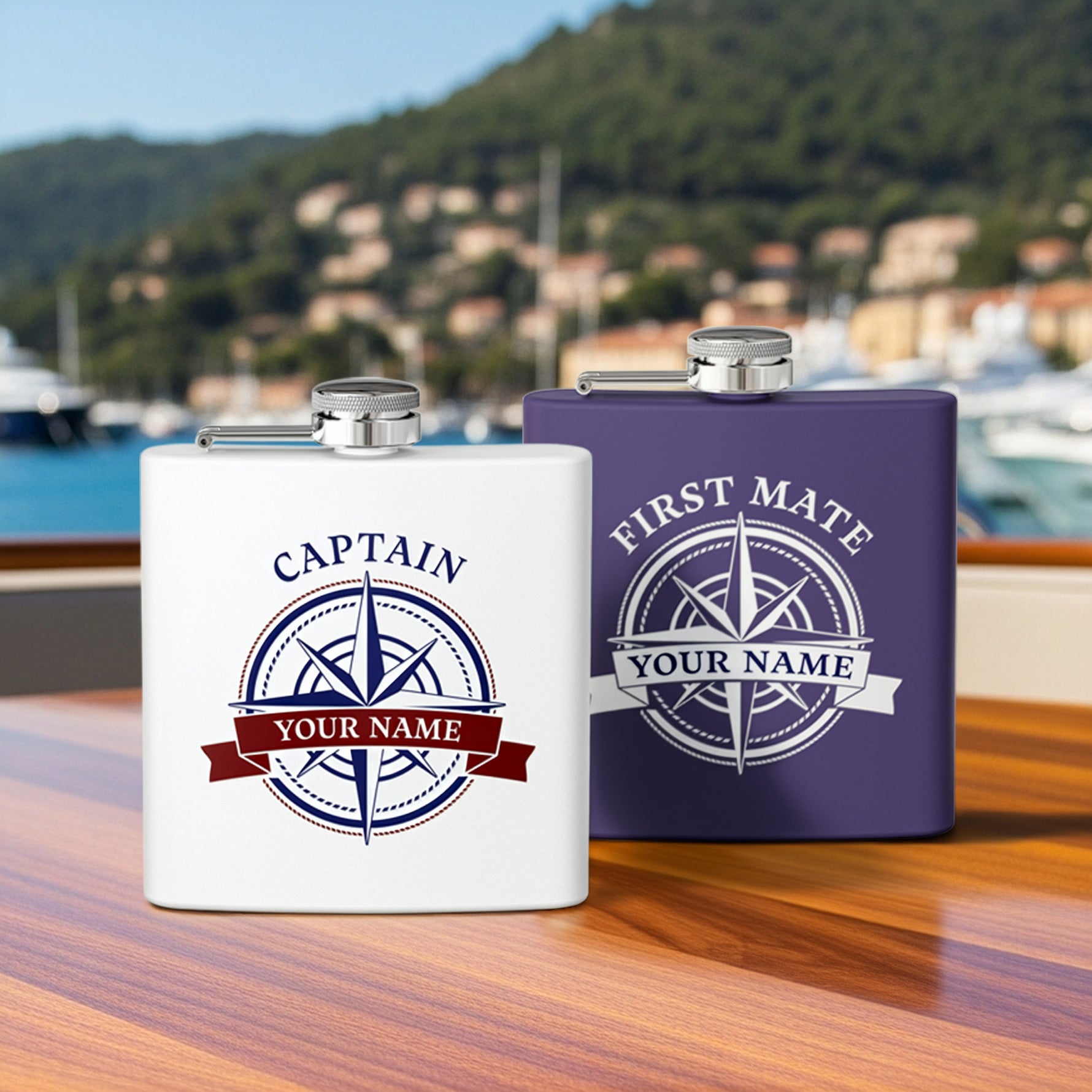 Custom Nautical Compass Steel Flask, Coastal Wedding Cruise Bachelorette Whiskey Lover Gift