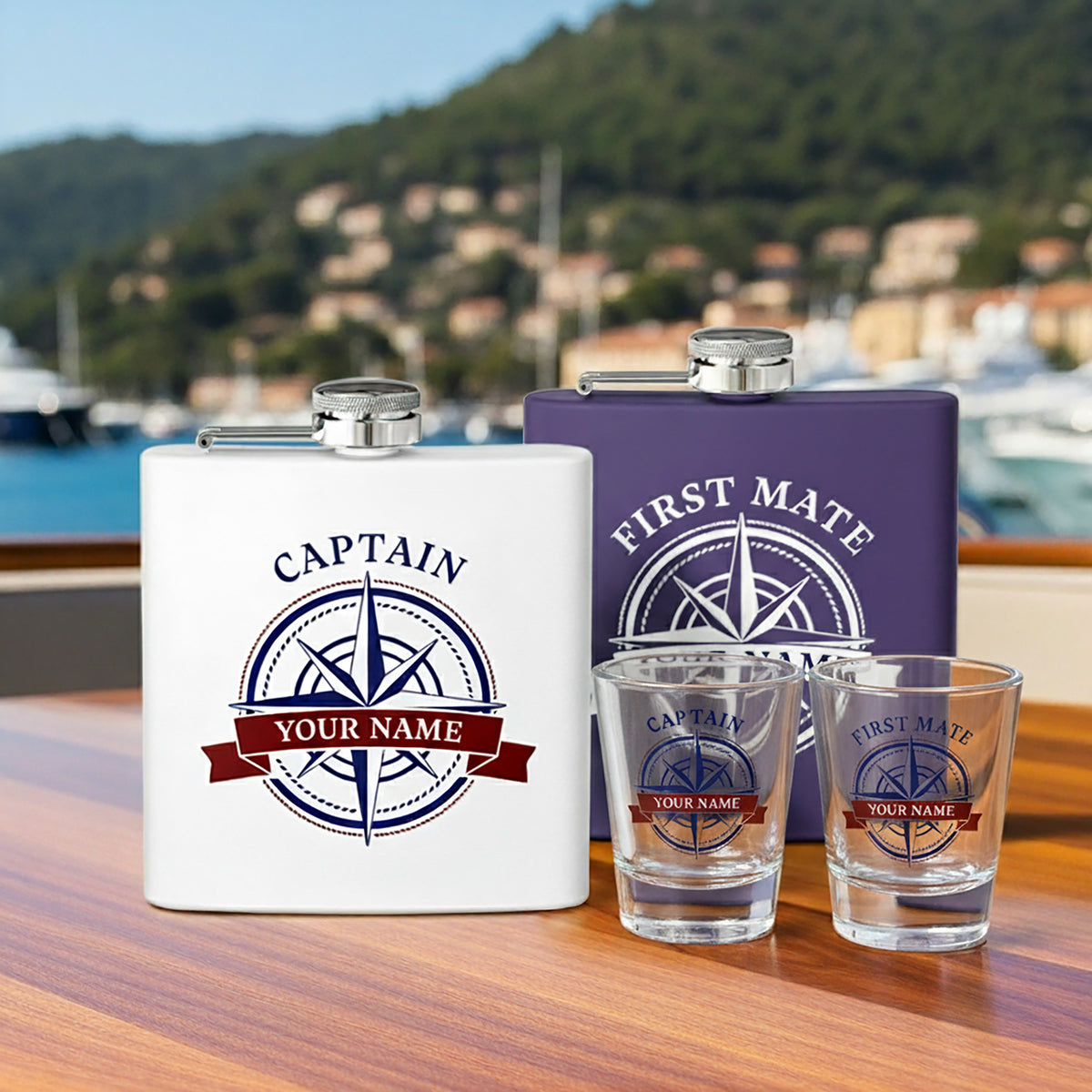 Custom Nautical Compass Steel Flask, Coastal Wedding Cruise Bachelorette Whiskey Lover Gift