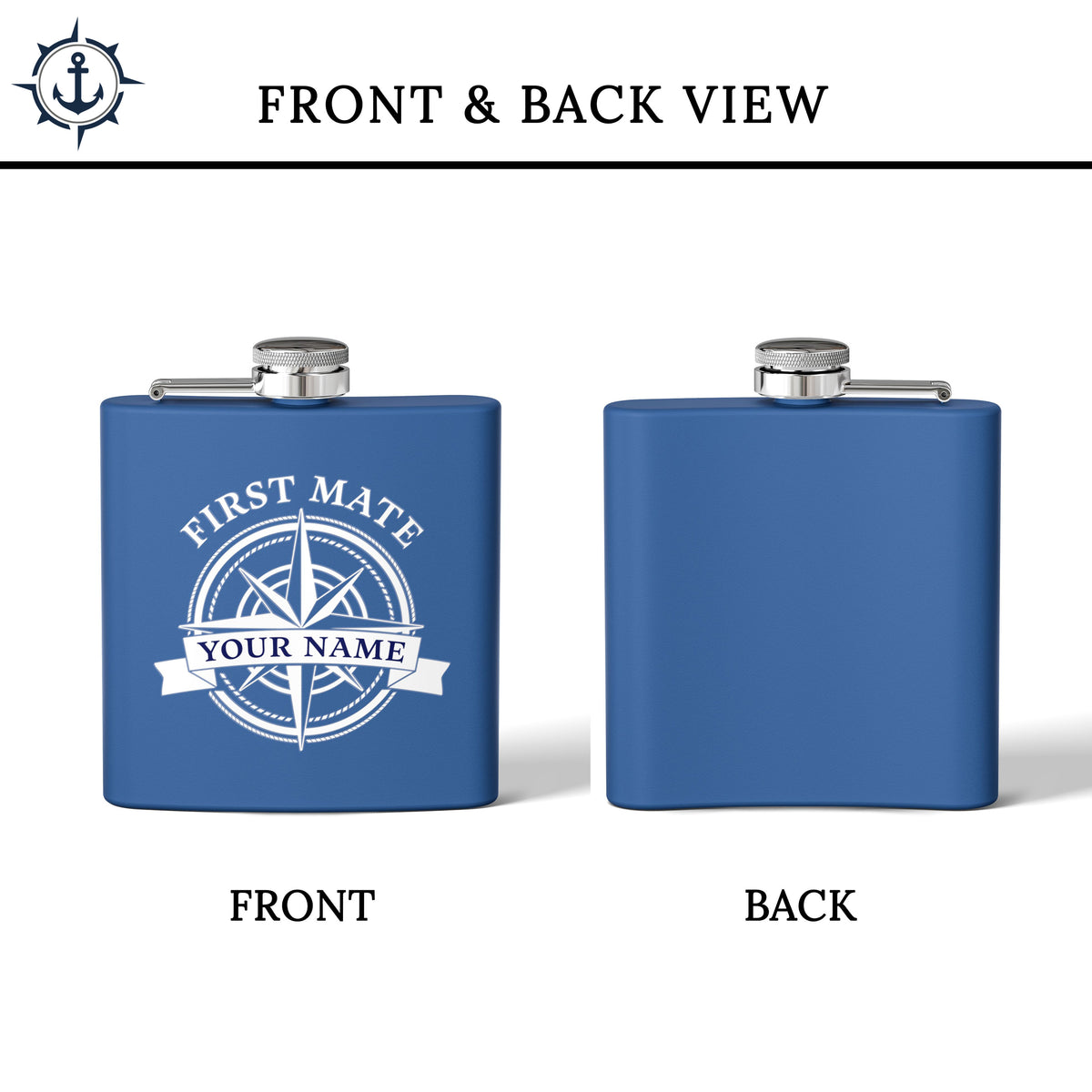 Custom Nautical Compass Steel Flask, Coastal Wedding Cruise Bachelorette Whiskey Lover Gift