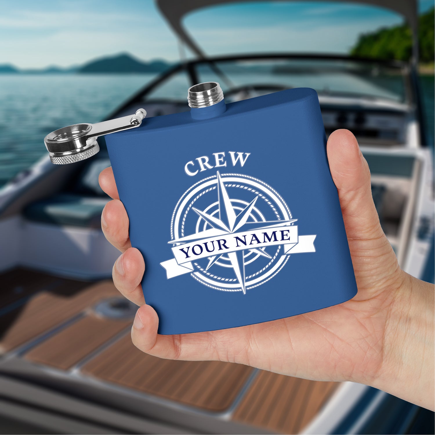 Custom Nautical Compass Steel Flask, Coastal Wedding Cruise Bachelorette Whiskey Lover Gift