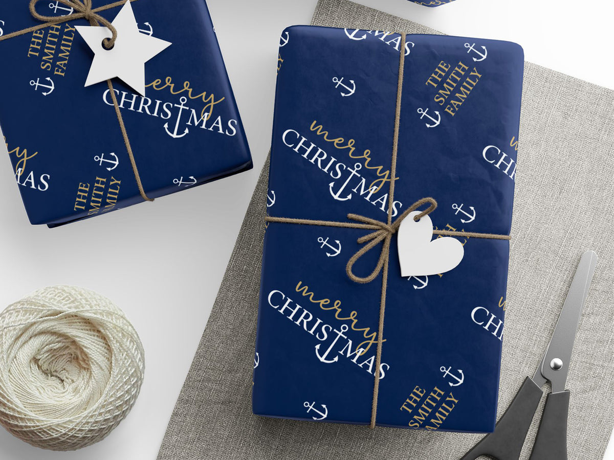 Custom Nautical Navy Blue Gift Wrap, Personalized Coastal Christmas Wrapping Paper