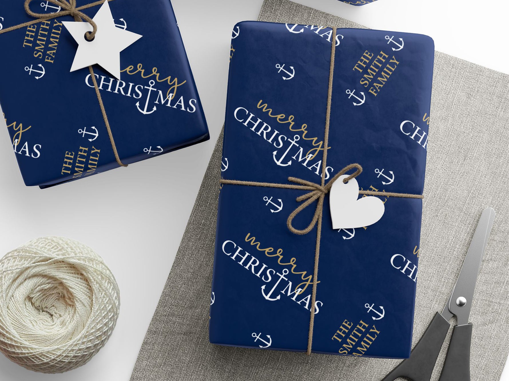 Custom Nautical Navy Blue Gift Wrap, Personalized Coastal Christmas Wrapping Paper