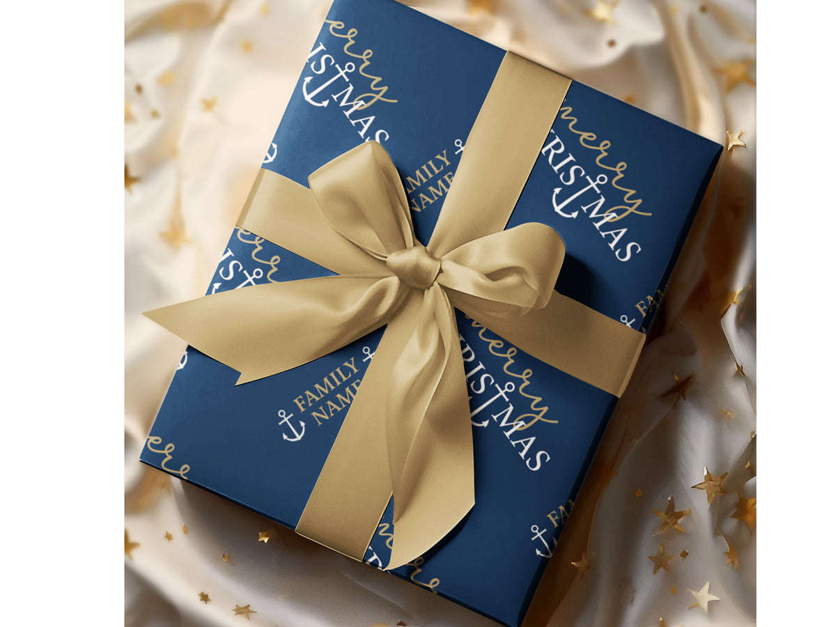 Custom Nautical Navy Blue Gift Wrap, Personalized Coastal Christmas Wrapping Paper
