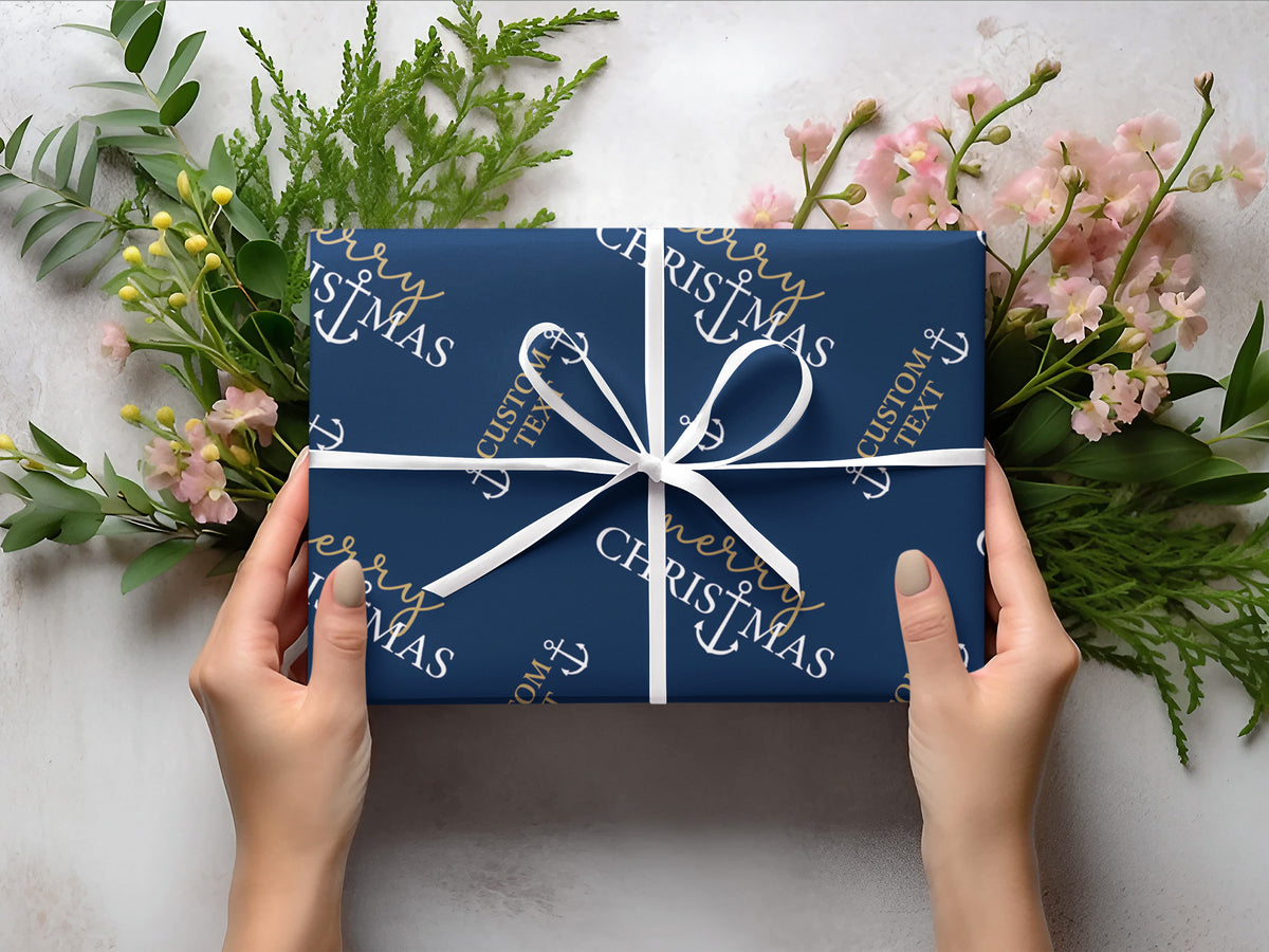 Custom Nautical Navy Blue Gift Wrap, Personalized Coastal Christmas Wrapping Paper