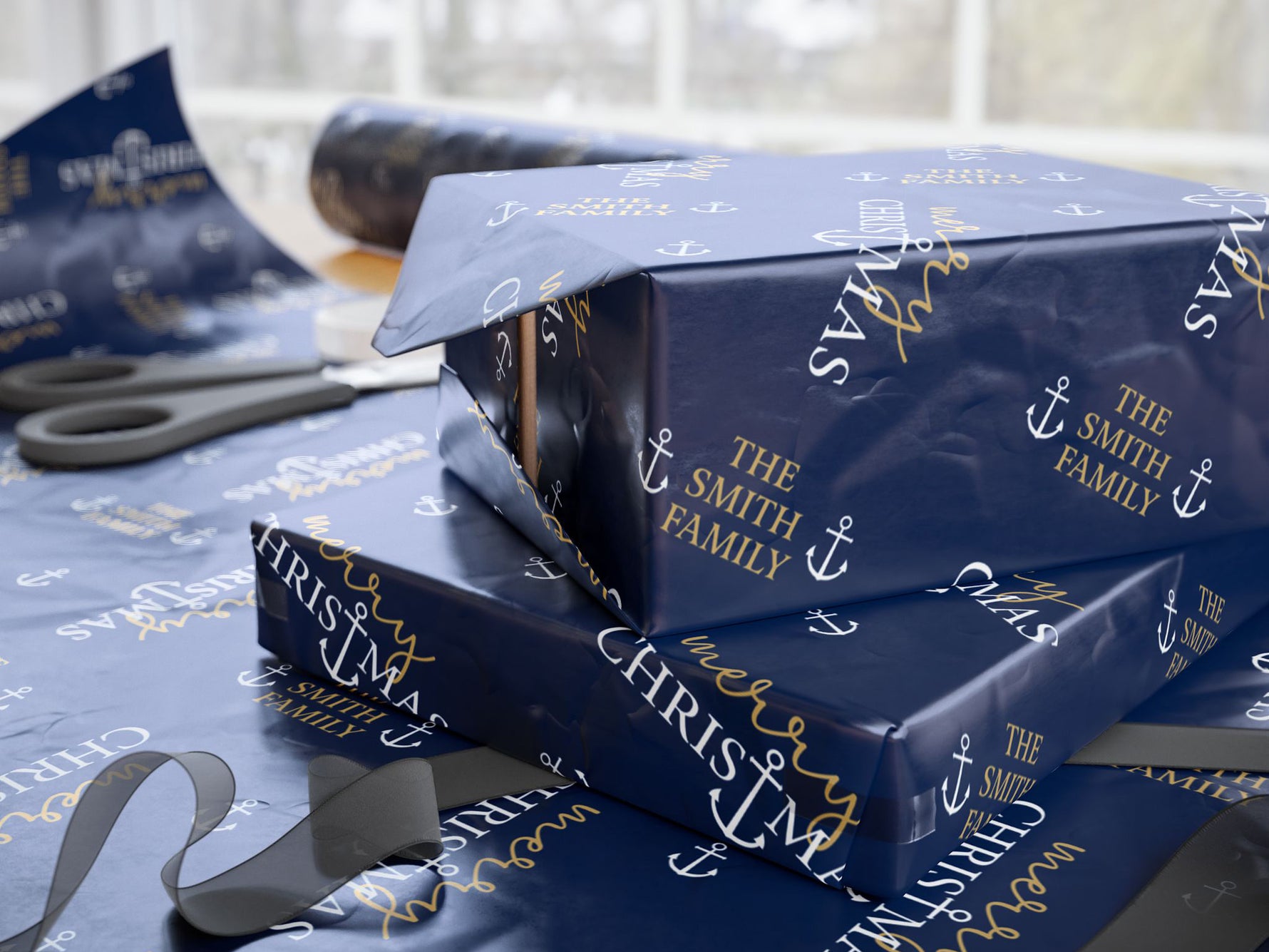 Custom Nautical Navy Blue Gift Wrap, Personalized Coastal Christmas Wrapping Paper