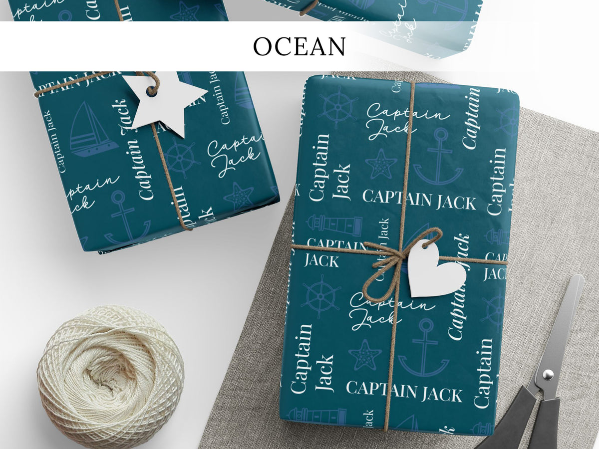Custom Ocean Themed Holiday Gift Wrap, Personalized Nautical Wrapping Sheet